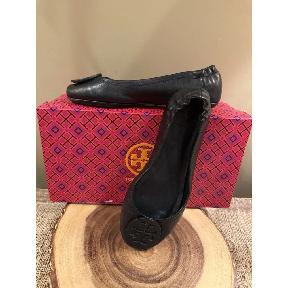 Tory Burch Minnie Travel Matte Black Leather Round Toe Ballet Flats Size 6.5